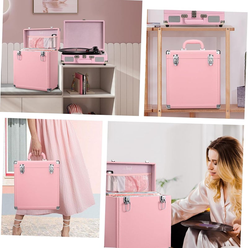 Hododou Vinyl Record Storage Box with Lock Record Organizer Storage for 30+ Single Records 12-inch Water Resistant Collapsible Storage Crate with Handle Mesh Pouch for Valuable Album Collection Pink - Image 2